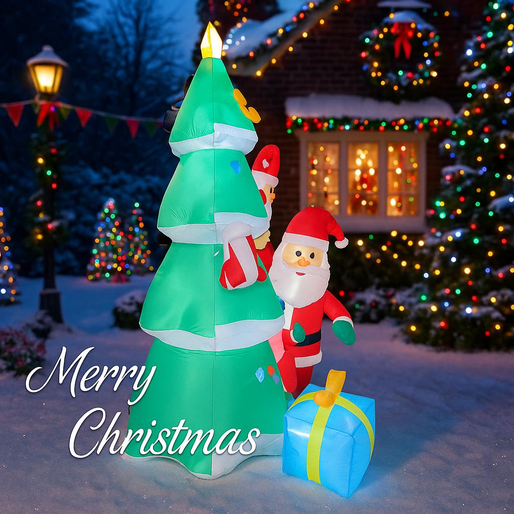 6.8FT LED Lit Inflatable Xmas Yard Decor Christmas Tree with Santa Elf Penguin Christmas Supplies Home Decor Ornaments Toy Gifts