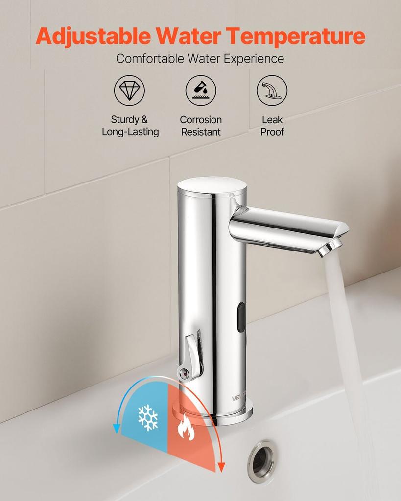 Touchless Bathroom Sink Faucet, Automatic Motion Sensor Restroom Toilet Faucet, Hands Free Adjustable Cold Hot Single Handle Water Mixer Battery