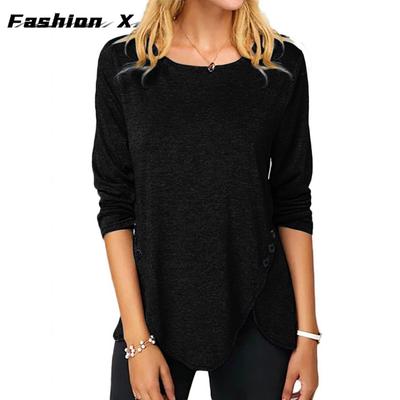 Футболка женская однотонная с длинным рукавом и круглым вырезом, с нестандартными пуговицами