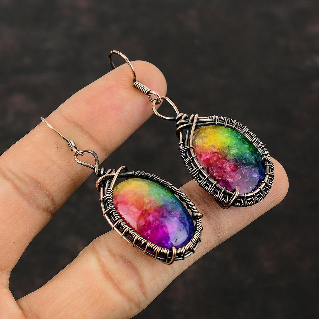 Радужные солнечные кварцевые серьги-друзы, серьги из медной проволоки, серьги ручной работы, ювелирные изделия из драгоценных камней, висячие серьги, медная проволока, ювелирные изделия, подарок для женщин