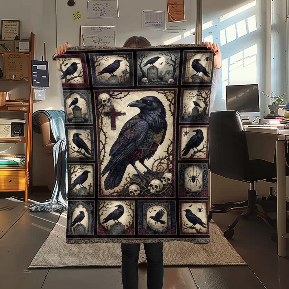 Crow Print Flannel Blanket, High quality Comfortable for All Seasons, Home Decor, Warmth and Comfort, Perfect for Christmas Gifts49