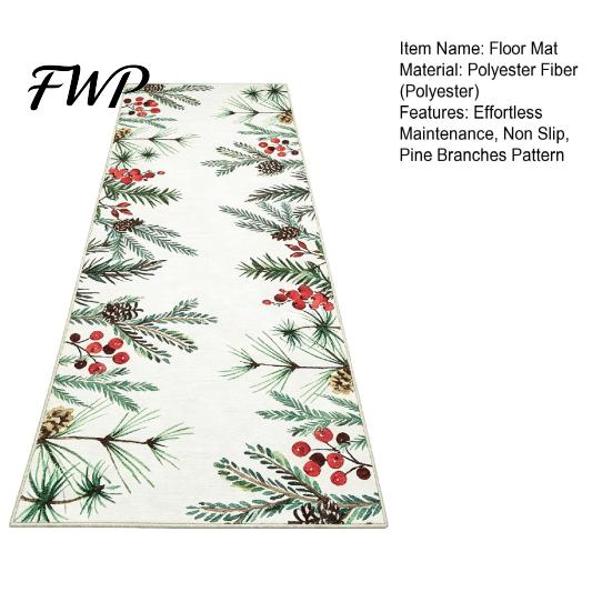 Decorative Pine Berry Rug Christmas Runner Rug, Watercolor Branches Berries Pattern, Indoor Entryway Hallway 47.24"x15.75" Non Slip Floor Mat