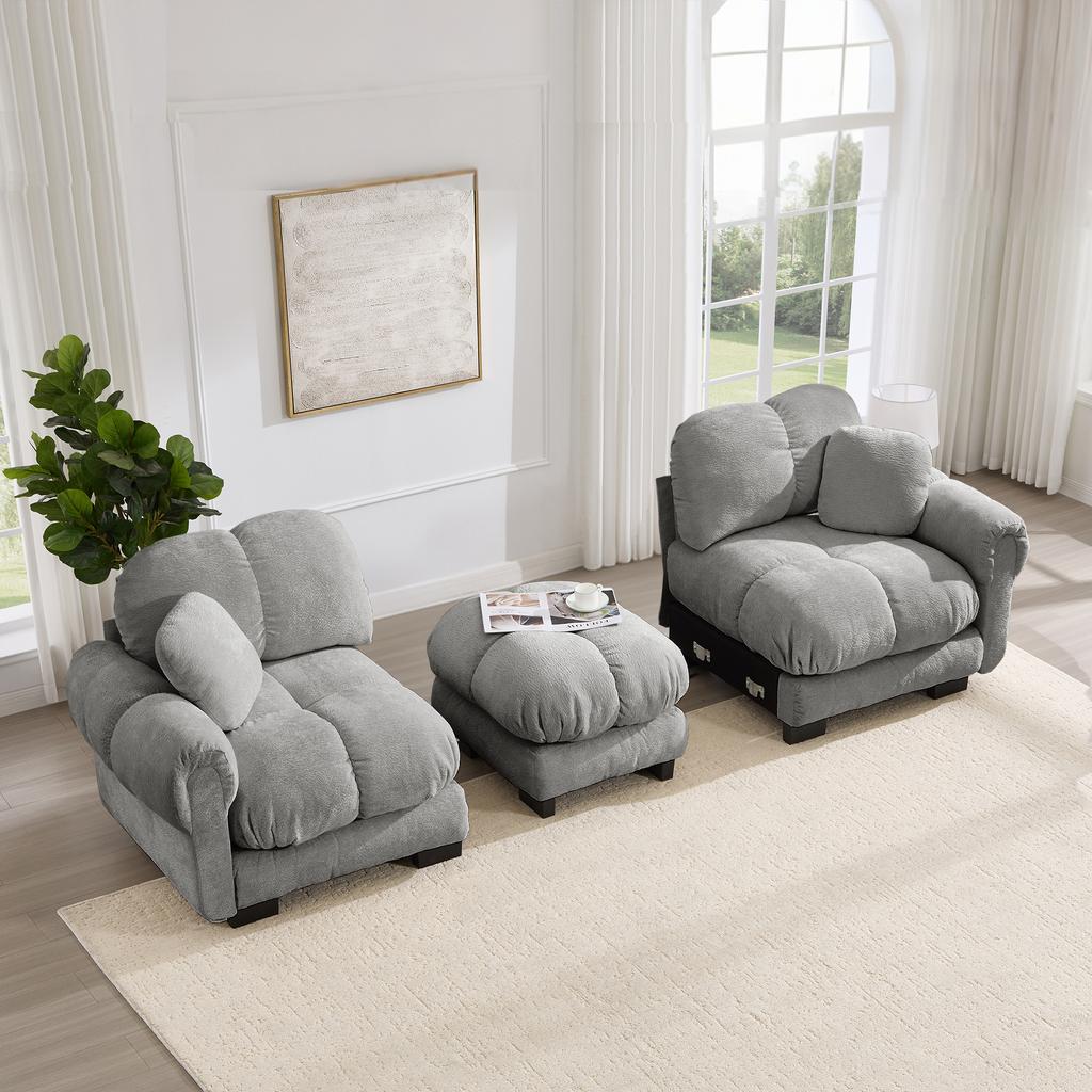 2-Seater Chenille Sofa, L-Shaped Modular Corner, Quilted Design, Thick Seat Cushions, with Mobile Ottoman, Easy to Assemble, Light Gray