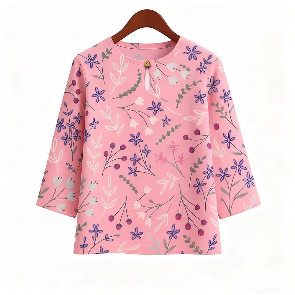 Casual Blouse, Vintage Style, For Women, Floral Print, O Neck, Three Tribal Sleeves, Elegant Loose Top, Made of Elastic Hem