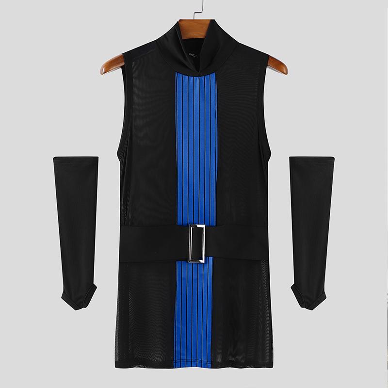 INCERUN Мужские майки без рукавов в полоску с сетчатыми вставками, прозрачные, облегающие, с накидными рукавами