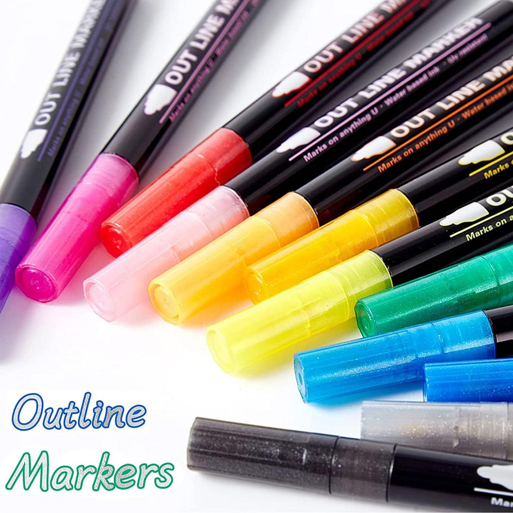 Outline Markers 12 Color For Doodle Outline Markers Glitter Double Line Pens Set For Gifts Greeting Cards Writing And Painting 1ml