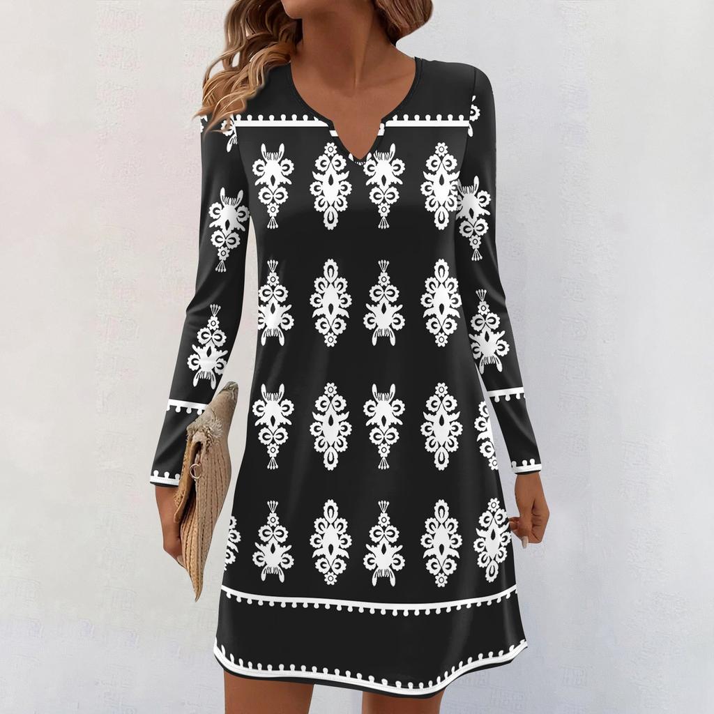 Women's Long-sleeved Casual Midi Dresses V-Neck Print Casual Dress