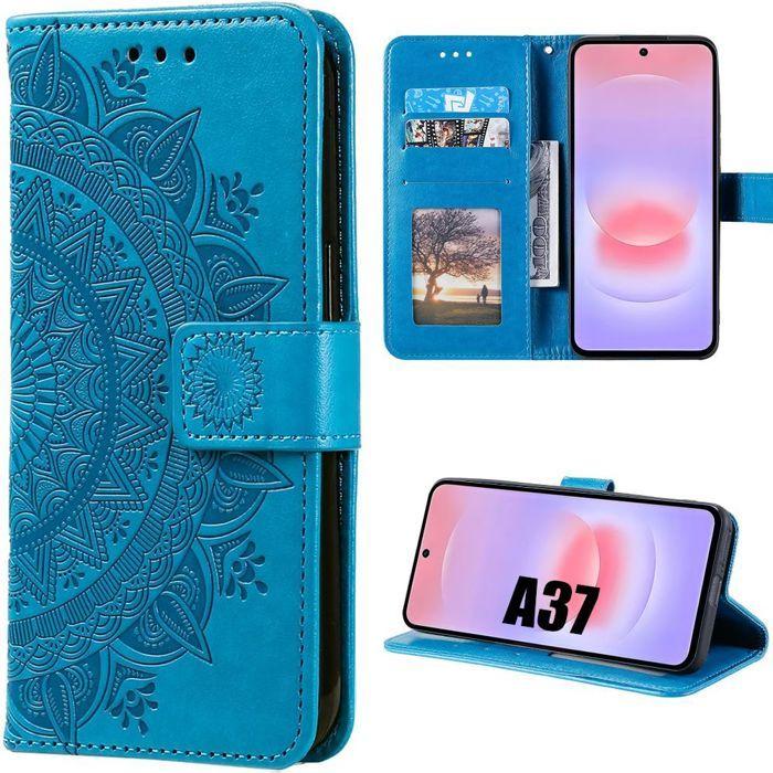 Coque pour Samsung Galaxy A37 5G, Protection Rabat Anti-Rayures Synthécuir Motif Mandala Bleu