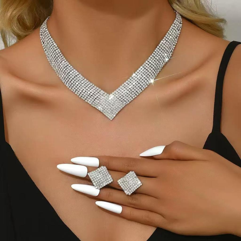 2Pcs Fashionable Rhinestones Necklaces Earrings Jewelry Set Women'S Wedding Accessories Gift