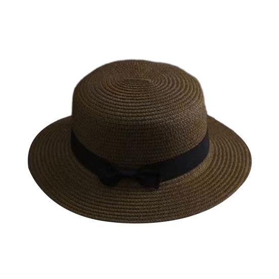 Beach Straw Hat Flat Top Wide Brim Sun Protection Hat with Black Ribbon Bow Hand-Woven Breathable