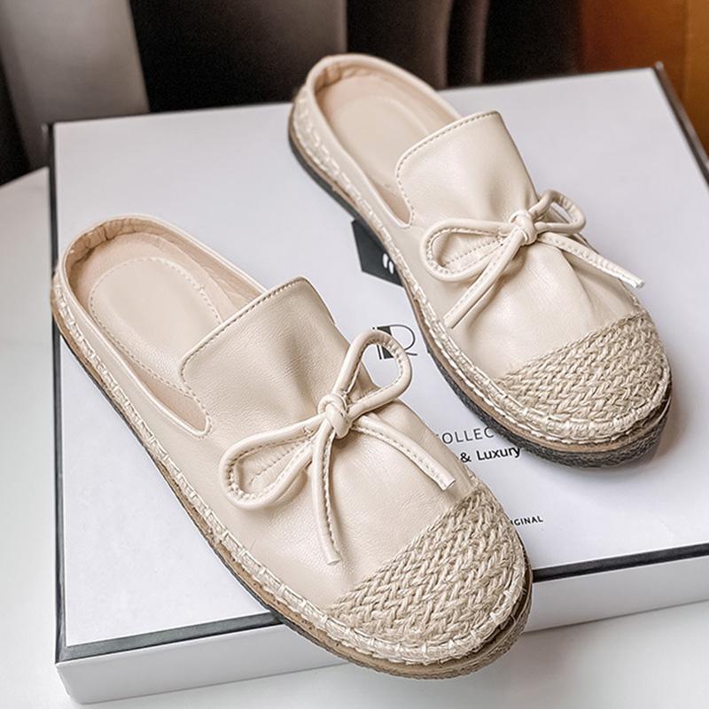 Fashion Round Toe Bowtie Leather Slippers Women Desinger Straw Fisherman Shoes Outdoor Flats Slides Soft Bottom Mules Women Flip Flops