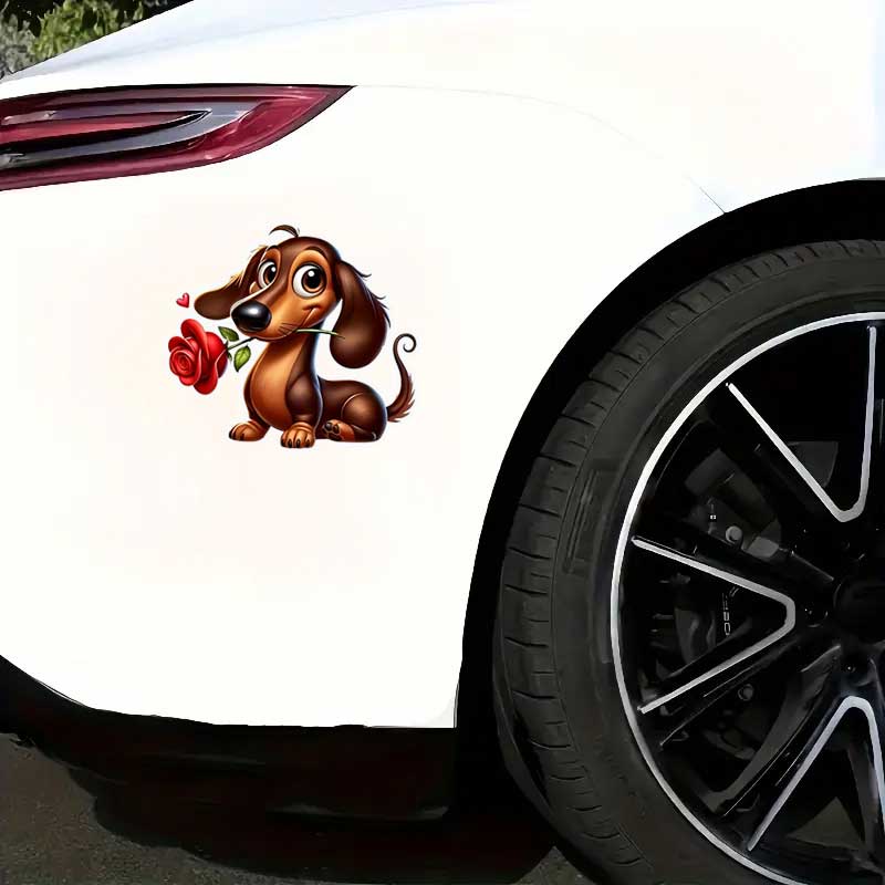 Cute Dachshund Red Rose Vinyl Sticker Waterproof Scratch-Resistant Decal for Car Motorcycle Truck Notebook Computer Q115