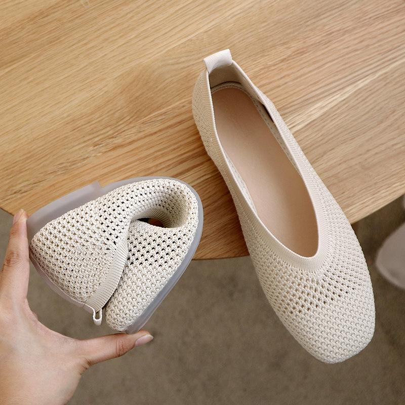 Fashion 2024Spring Summer Ballet Flats Women Casual Knit Fabric Stretchy Square Toe Flat Heel Boat Shoes