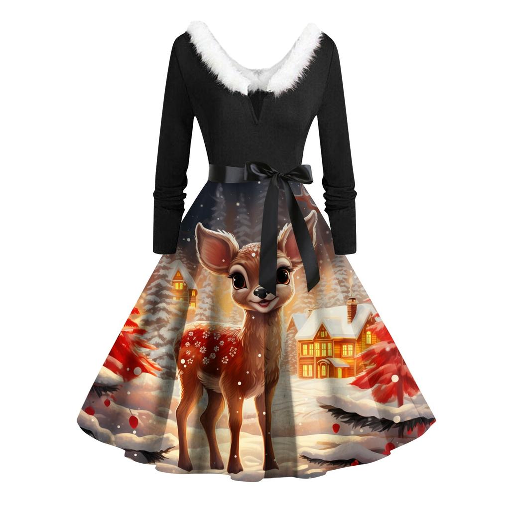Women Vintage Long Sleeve Christmas Print 1950s Housewife Evening Party Prom Dress