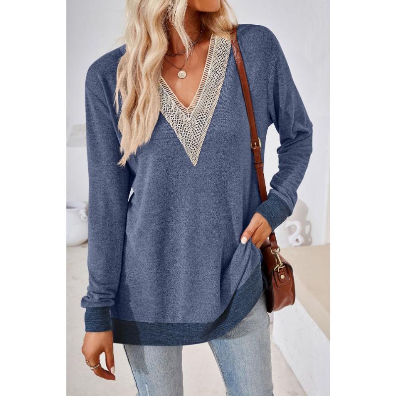 Осенне-зимняя женская блузка с v-образным вырезом, кружевные однотонные свободные топы с длинными рукавами