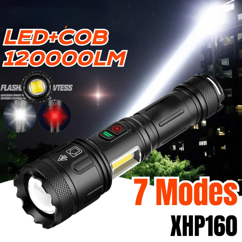 12000LM XHP160 LED+COB White/red Light Outdoor  Strong Lamp Flashlight USB-C Charging Aluminum Alloy with Side Lights LED Torch
