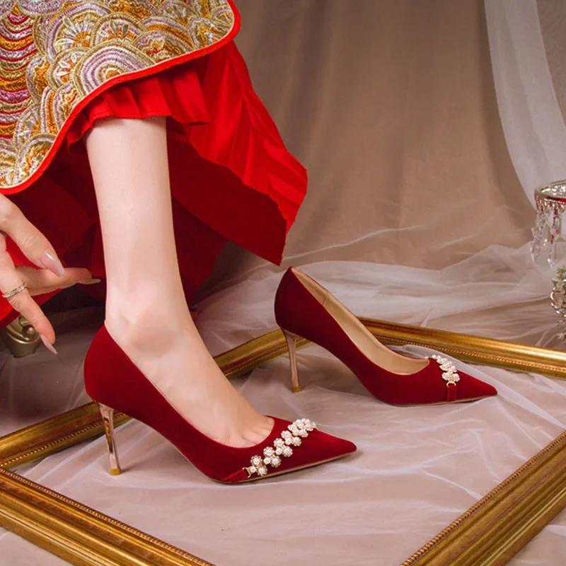 Spring and Autumn New Women's Pearl Chinese Bridal High Heels Fashion Trend Thin Heels Pointed Shallow Mouth Pumps Wedding Shoes