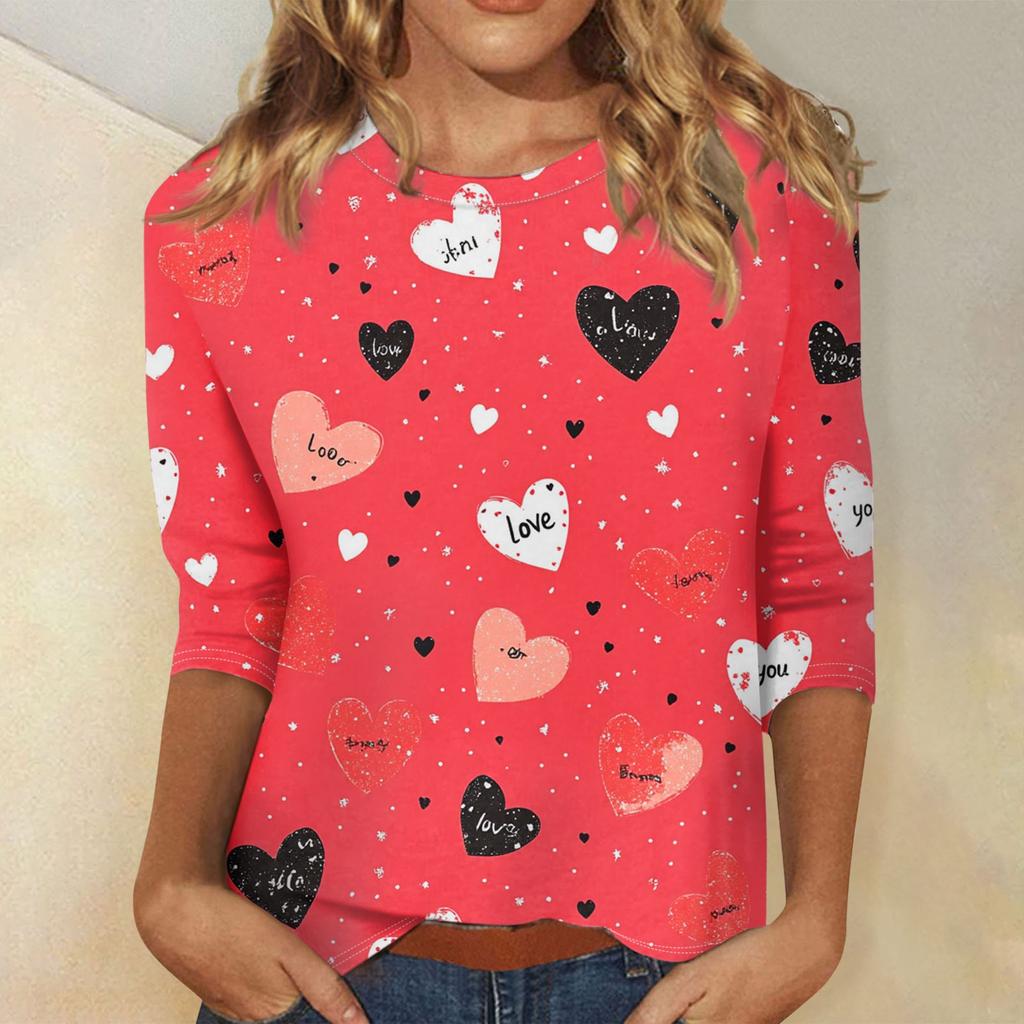 Женские топы с рукавом три четверти, рубашка на День святого Валентина, круглая горловина, свободная повседневная рубашка