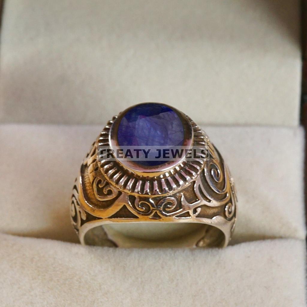 Мужское кольцо из стерлингового серебра 925 пробы с синим сапфиром овальной огранки #B582 JL375686464438