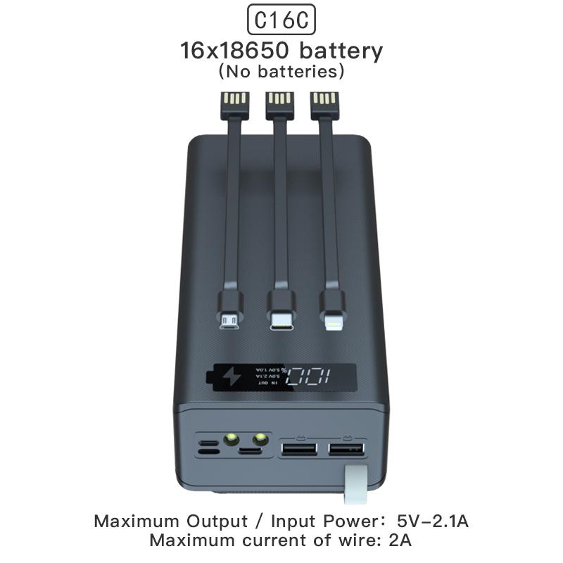 C16C 18650 DIY Power Bank Base с кабелем Micro USB Type C, фонариком, чехлом для быстрого зарядного устройства 18650, держателем для аккумулятора, зарядным устройством