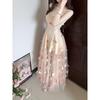 Summer New French Holiday Style Elegant Waist Suspender Long Dress Women Gentle and Beautiful Three-dimensional Flower Mesh Splicing