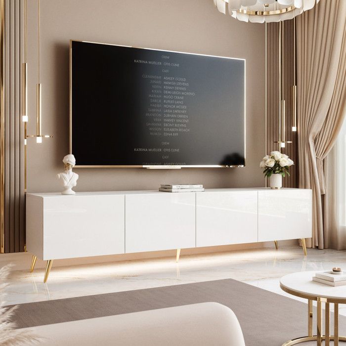 Meuble TV ANGEL - avec LED - 200x40x49 cm - 4 portes sans poignées - Blanc brillant