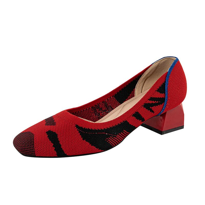 Туфли-лодочки для женщин на толстом блочном каблуке с квадратным носком, удобные вязаные туфли без застежек для ходьбы для женщин, повседневная нарядная обувь, классические офисные туфли на низком каблуке