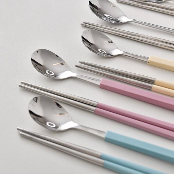 Diyou Sangsang&Stainless Steel Korean Junior Cutlery Set for 2, Blue, Ivory, 2 Types of Spoons + 2 Types of Chopsticks, 1 Set