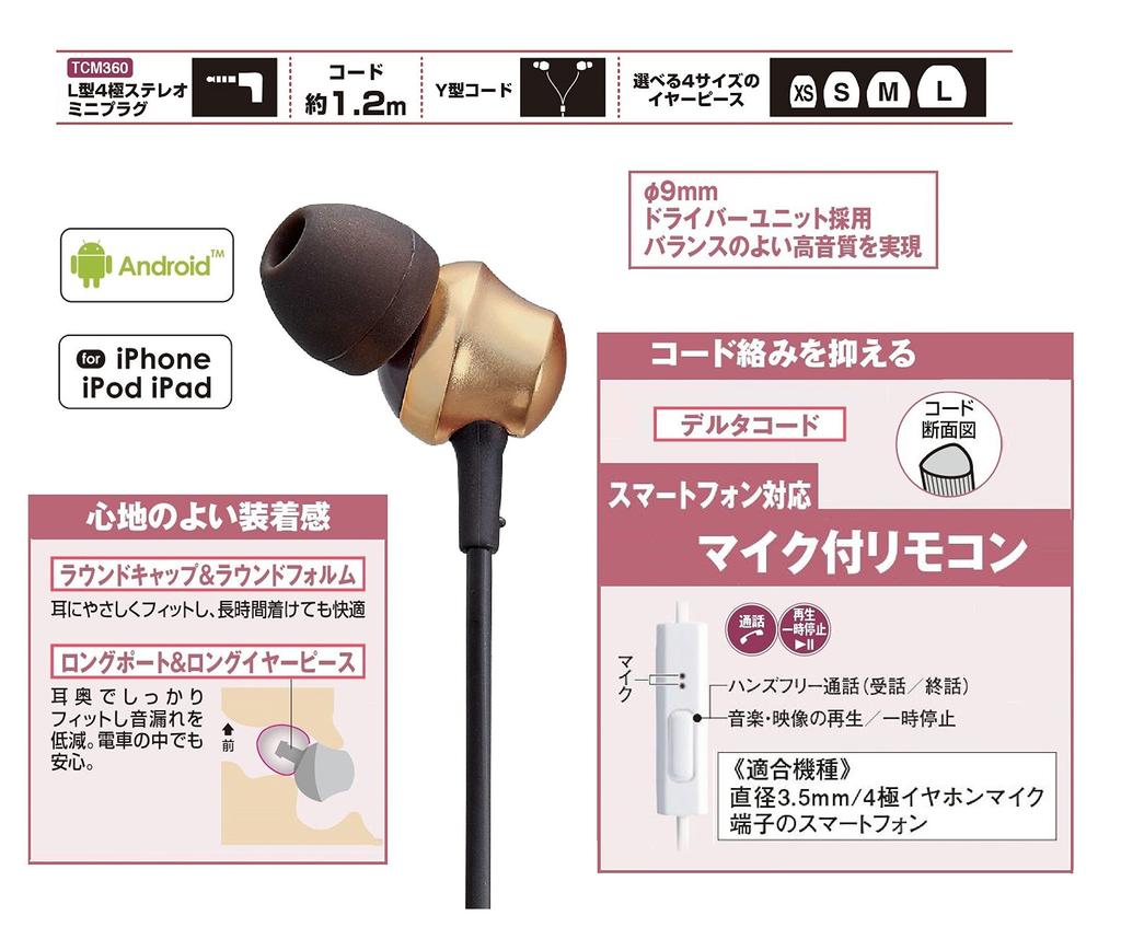 Panasonic RP-TCM360-N In-Ear Earphones Gold iPhone Compatible 9mm Driver Clear Sound