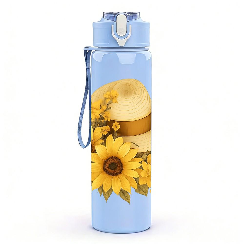 1PC Sunflower Straw Hat 750ml Color Plastic Sports Water Bottle Leakproof Flip Straw Lid Suitable for Sports Office Home Use