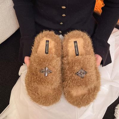 Простые повседневные перекрестные пушистые тапочки для женской уличной обуви 2025 осень-зима новые на толстой подошве удобные плюшевые хлопковые тапочки