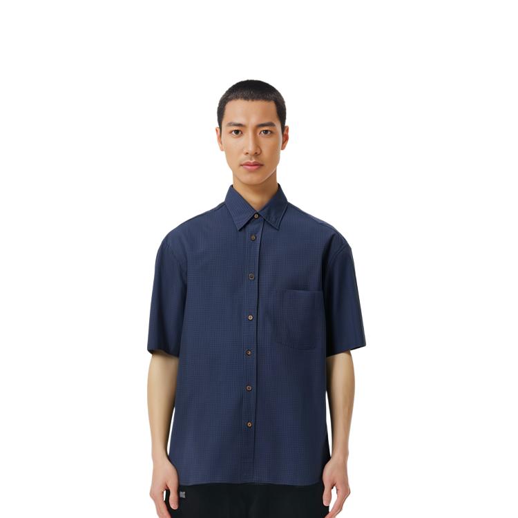 Uniqlo SS24 Серия U Клетчатая Свободная Рубашка на Пуговицах с Коротким Рукавом Мужские Рубашки Темно-синий 467845-69