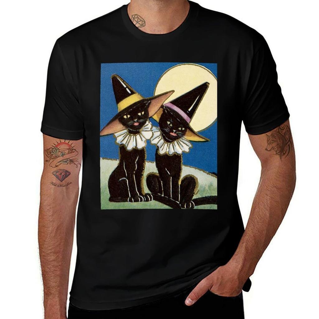 Halloween Vintage 2 Witchcats Tshirt Big Size Simple Tshirt