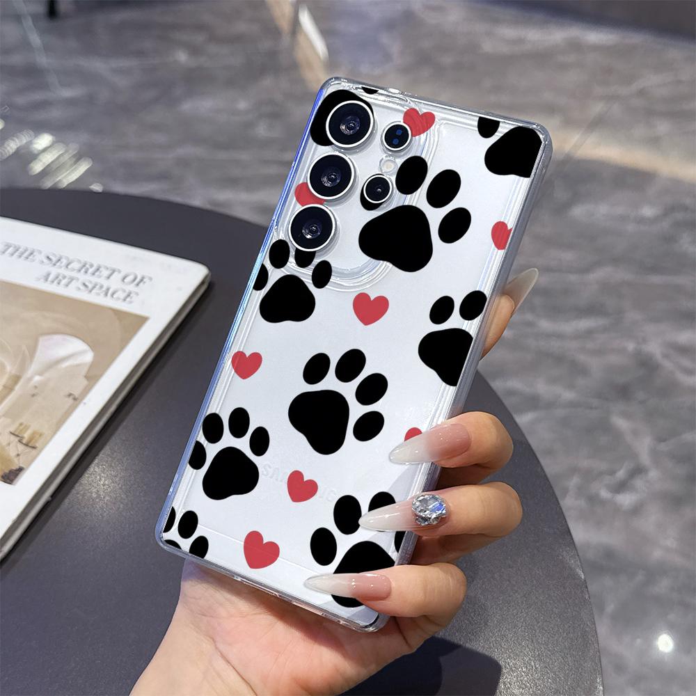 Черные отпечатки лап с красными сердцами Чехол для телефона для Samsung Galaxy S26 S25 S24 S23 S22 S21 S20 FE Plus Прозрачный ТПУ Защитный чехол