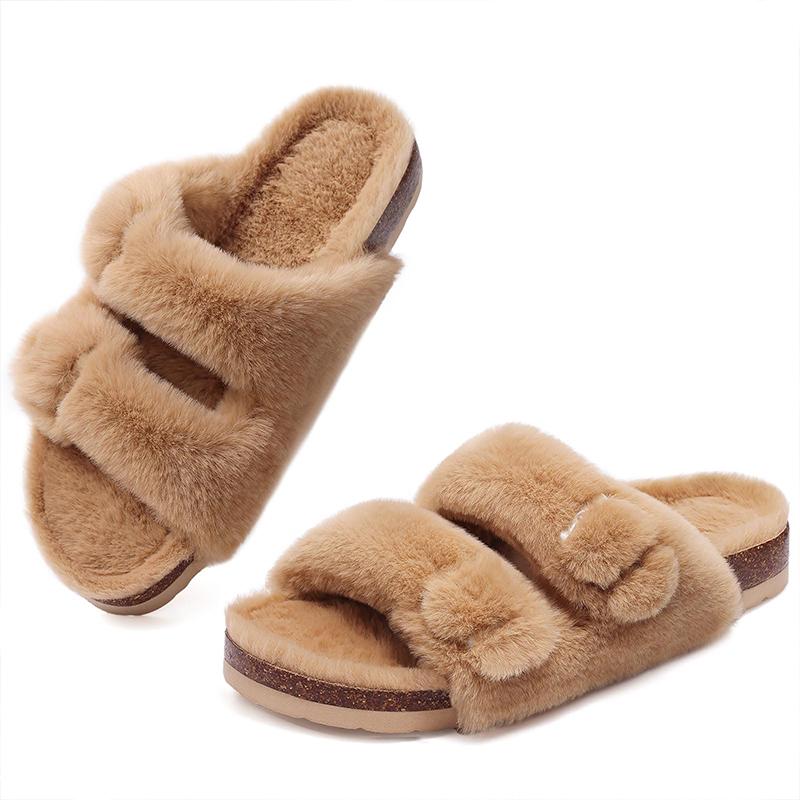 Fashion Smile Fashion Slippers For Women New Cork Insole Comfort Slides Outdoor Fluffy Sandals With Adjustable Metal Buckle Arch Support