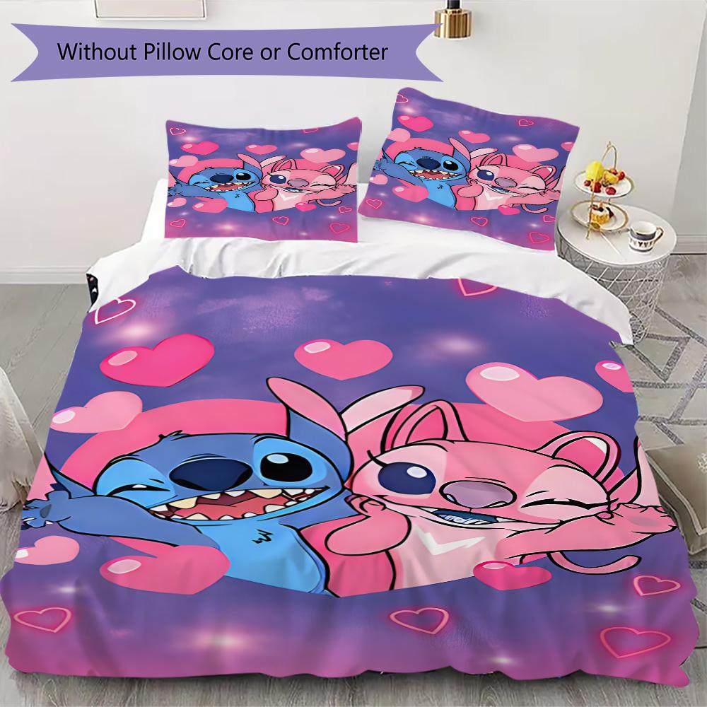 Stitch and Angel Purple Background Pink Heart Print Bedding Set 3pcs Duvet Cover Pillowcase Cartoon Bed Linens Bedroom Decor