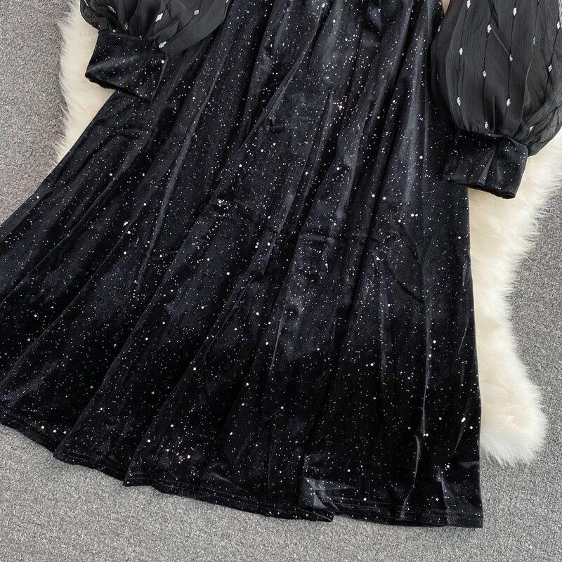 Новое осенне-зимнее супер сказочное элегантное платье с шифоновым воротником и блестками из бисера и бархата