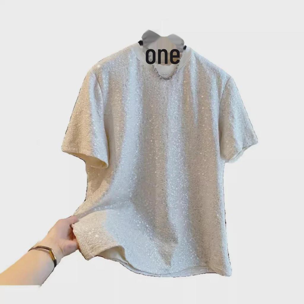 2024 Мужская шикарная шелковая футболка с пайетками - Европейский свободный крой с коротким рукавом