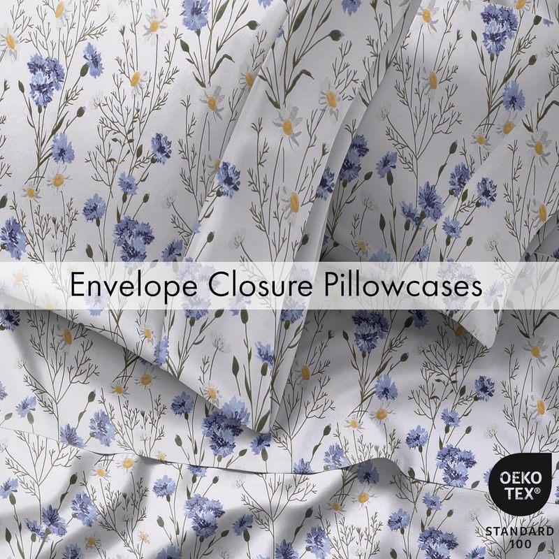Queen Size Cotton Percale Sheets, Cooling Breathable Floral Design, Durable Soft 4-Piece Set with Deep Pocket