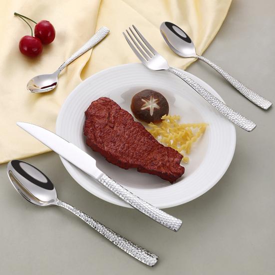 Western Food Tableware Stainless Steel Serrated Steak Knife Sharp Fork Tines Curved Spoon Dishwasher Safe Hammered Texture