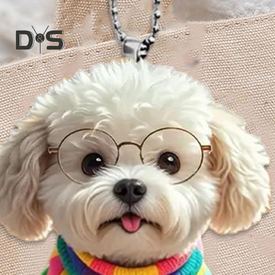Cute Puppy Pendant Car Mirror Hanging Ornament Acrylic Dog Keychain Christmas Tree Decor Backpack Charm Gift for Women Girls