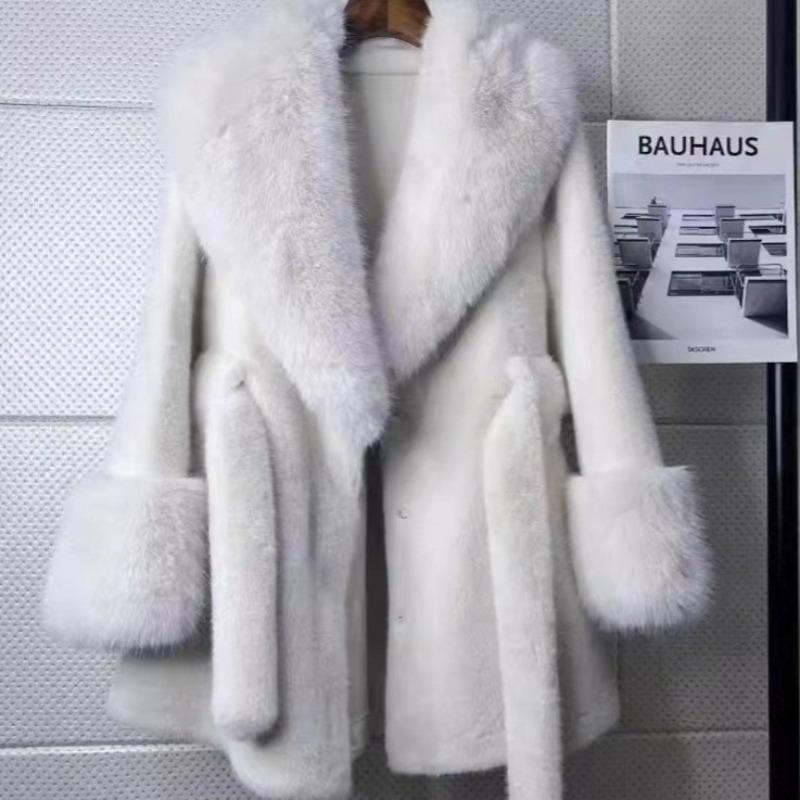 Slim Long Large Fur Collar Faux Fox Women Coat Winter Luxury Imitation Mink Fur Jacket Waist Belt Plush Furry Overcoat