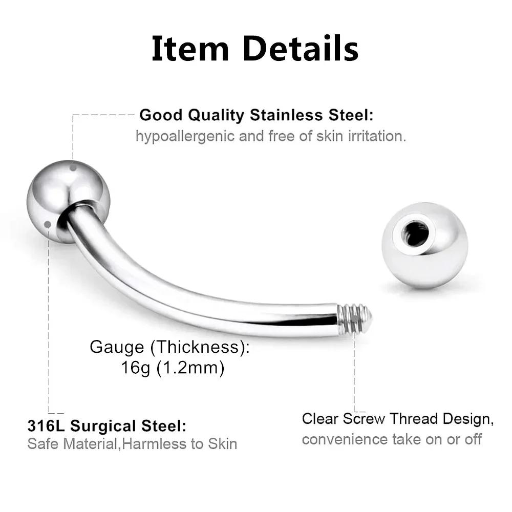 Оптом 6 мм - 14 мм Хирургическая сталь Изогнутая штанга Кольцо для брови 3 мм Шарик Конус Пирсинг уха и тела Украшения 16G