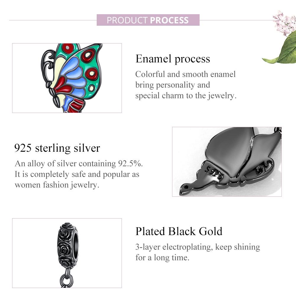 WOSTU Стерлингового серебра 925 пробы, черное золото, красочная роза, подвеска-бабочка в виде животного, очаровательные бусины, подходят для оригинального браслета DIY, ювелирные изделия