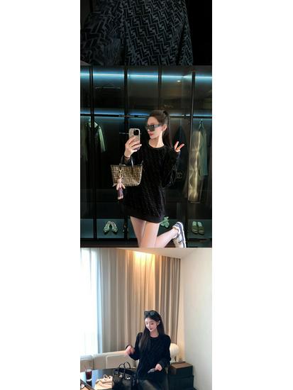 Unisex Black Jacquard Knitwear Sweatshirt with Letter Design, Long Sleeve, Round Neck