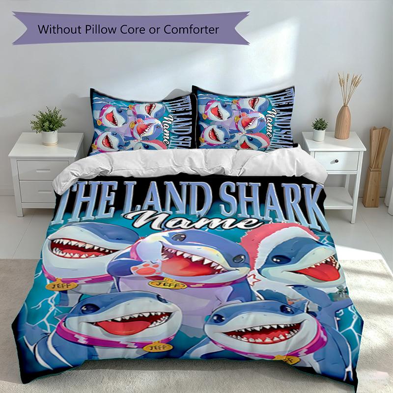 3pcs Custom Name Jeff the Land Shark Set,Includes 1 Duvet Cover and 2 Pillowcases,All-season Bedroom Decor