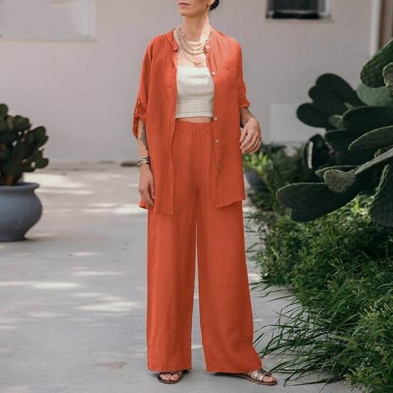 Women's Cotton Linen Two Piece Set Half Sleeve Button Down Shirt Wide Leg Pants Set Casual Tracksuit for Spring Summer Autumn