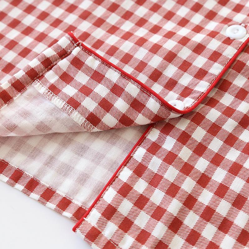 Spring/Summer Couple Pajama Set Cotton Double Layer Gauze Men's and Women's Japanese Plaid Set Long Sleeved