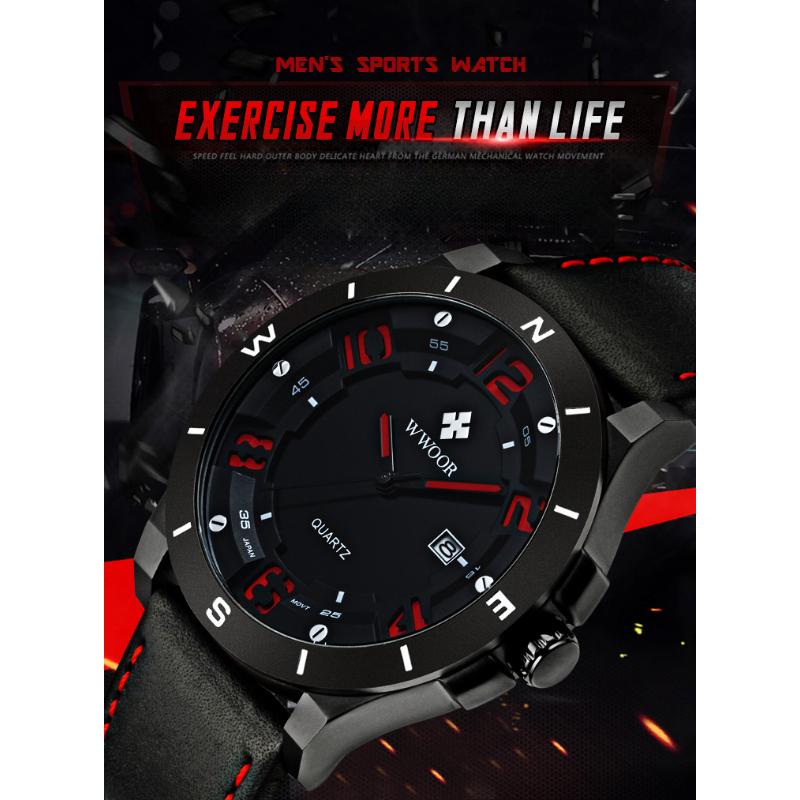 WWOOR Спортивные мужские часы с кожаным ремешком Матовый черный корпус с календарем Водонепроницаемые кварцевые часы