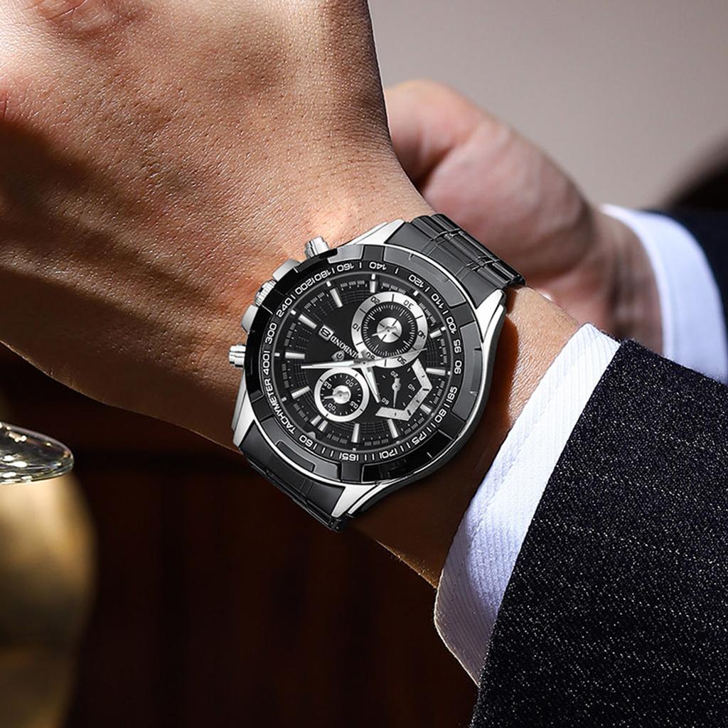 BINBOND Auto Date Accurate Men's Watch Quartz Watches for Men Luxury Luminous Waterproof Durable Stainless Steel Strap Reloj+Box